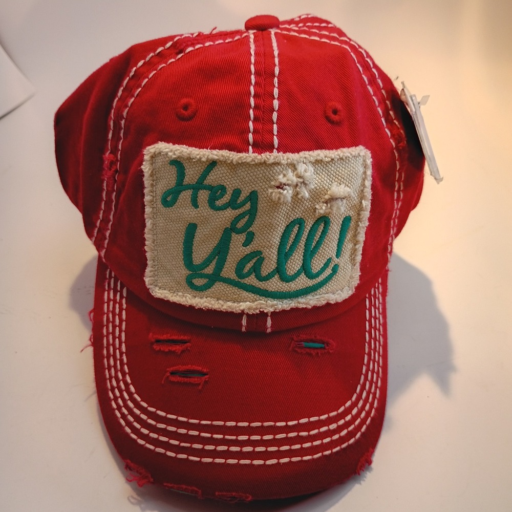 Fashion‎ Tidbits Hey Yall Distressed Baseball Cap Red Vintage Style Trucker Hat